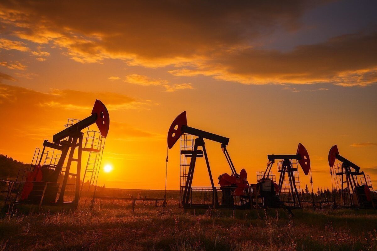 Oil pumpjacks silhouetted at sunset with an orange sky.