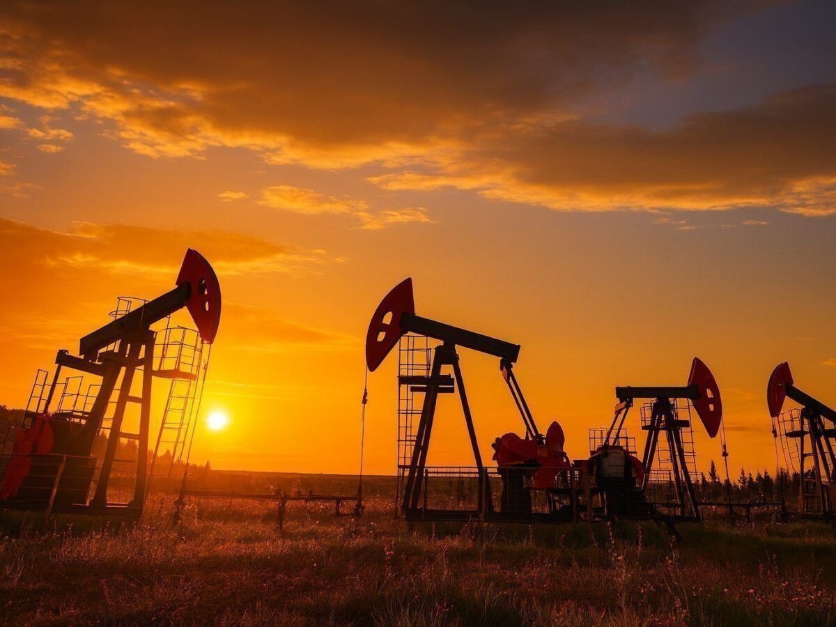 Oil pumpjacks silhouetted at sunset with an orange sky.