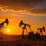 Oil pumpjacks silhouetted at sunset with an orange sky.