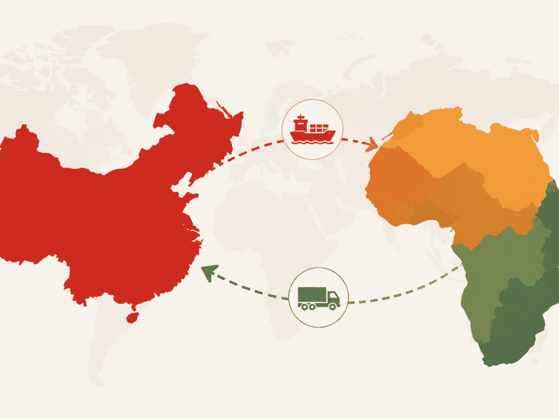 Illustration showing China and Africa connected by trade routes, symbolizing China’s zero-tariff policy and expanding economic ties with African countries.