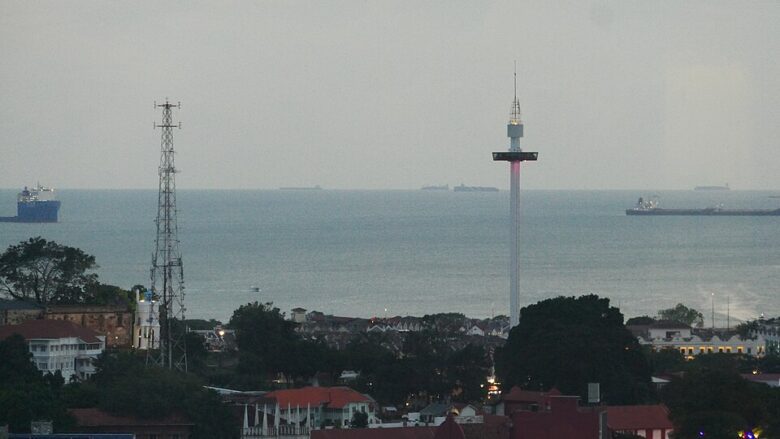 Ships in the Malacca Strait, a key maritime route linked to Japan-Indonesia defence cooperation and Indo-Pacific security.