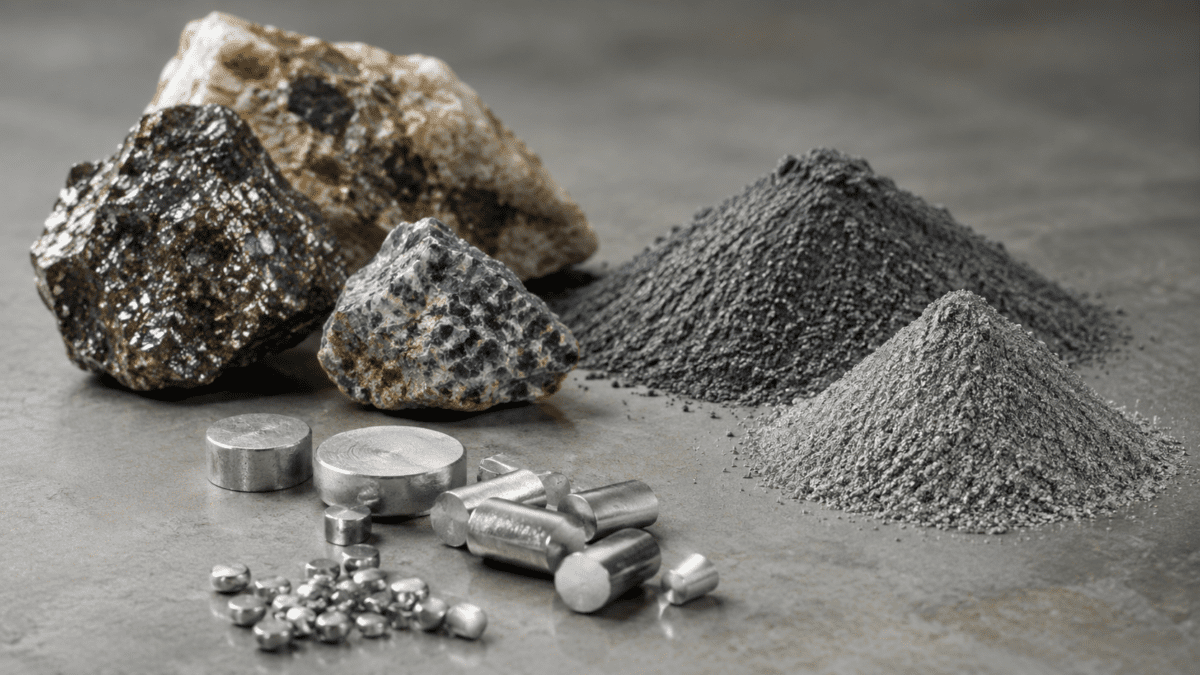Rare earth elements, mineral ores and refined metal samples used in advanced manufacturing and critical minerals supply chains.