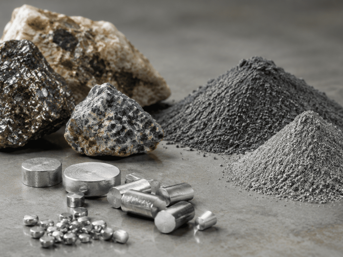 Rare earth elements, mineral ores and refined metal samples used in advanced manufacturing and critical minerals supply chains.