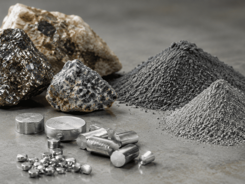 Rare earth elements, mineral ores and refined metal samples used in advanced manufacturing and critical minerals supply chains.