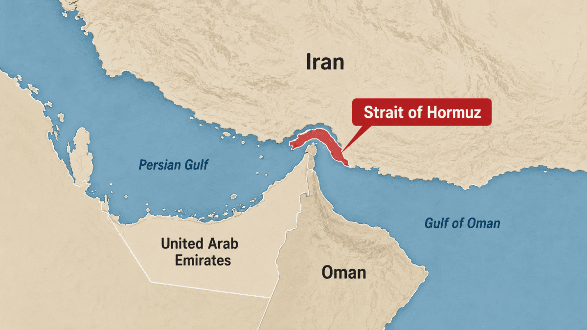 Map showing the Strait of Hormuz between Iran, Oman, and the United Arab Emirates, linking the Persian Gulf with the Gulf of Oman.
