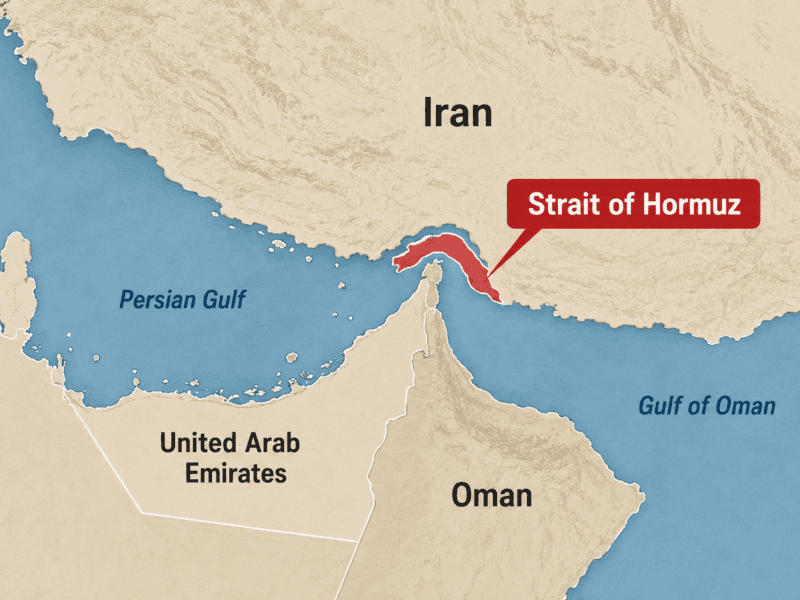 Map showing the Strait of Hormuz between Iran, Oman, and the United Arab Emirates, linking the Persian Gulf with the Gulf of Oman.