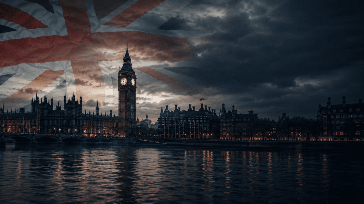 London skyline with the UK flag under dark clouds, symbolizing rising political and market uncertainty in Britain
