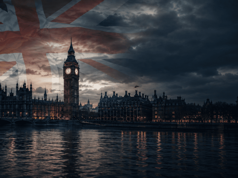 London skyline with the UK flag under dark clouds, symbolizing rising political and market uncertainty in Britain
