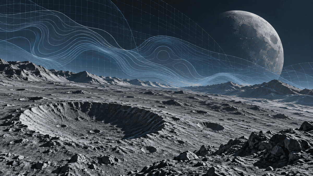 AI-generated lunar landscape with craters and abstract blue scientific data lines.