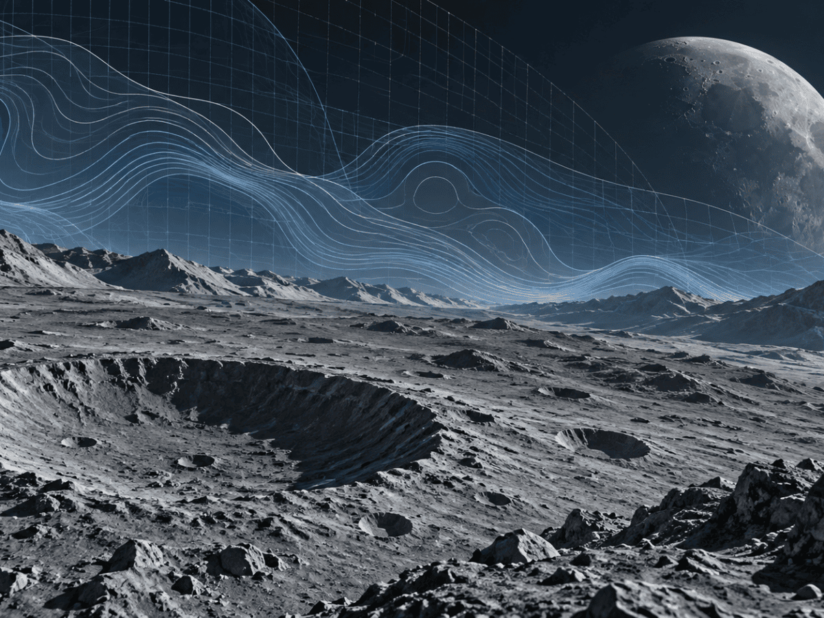 AI-generated lunar landscape with craters and abstract blue scientific data lines.