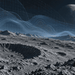 AI-generated lunar landscape with craters and abstract blue scientific data lines.