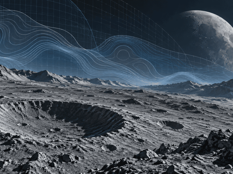 AI-generated lunar landscape with craters and abstract blue scientific data lines.